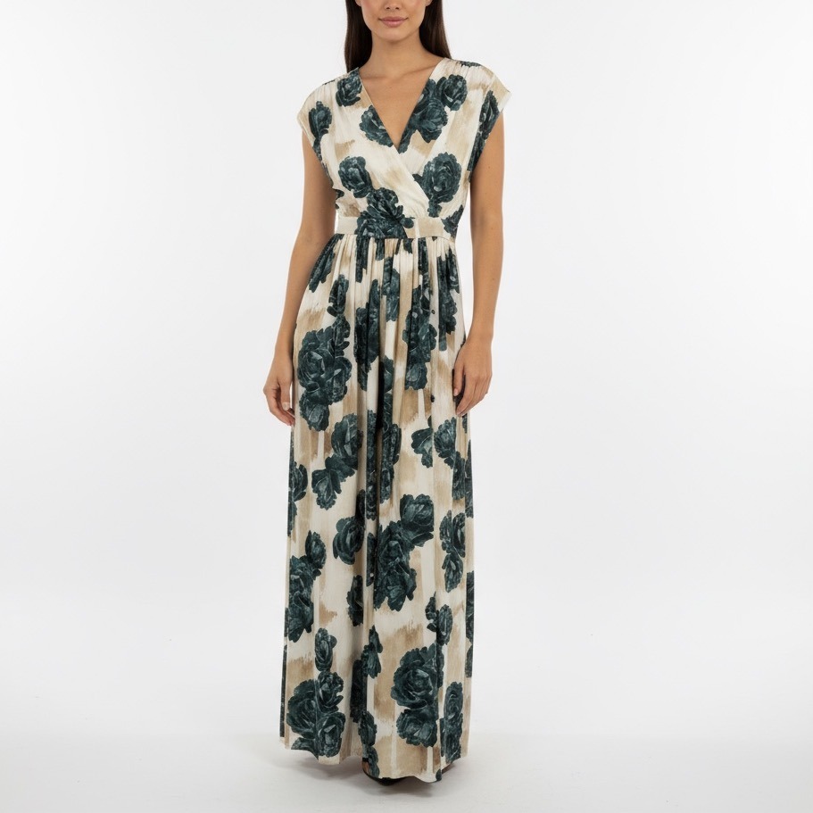 Christina Economou Floral Maxi Dress V Neck Cap Sleeve Empire Waist Size 0